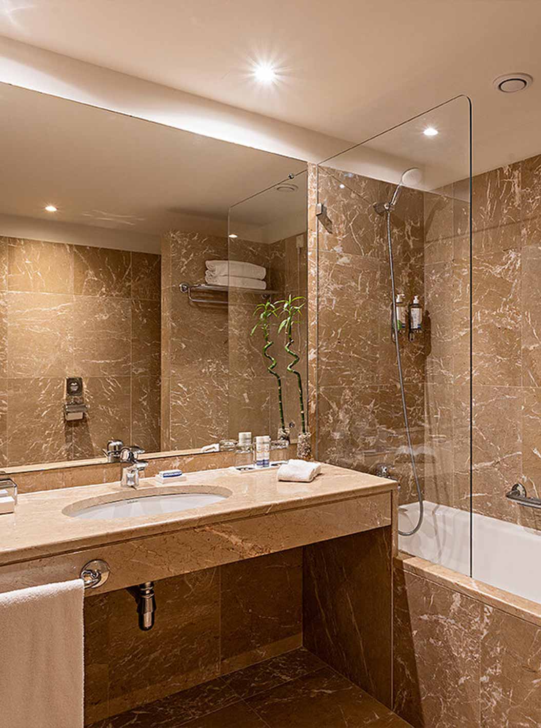 The Suite Grand View at Pestana Vintage Porto has a bathroom with brown marble walls and a bathtub