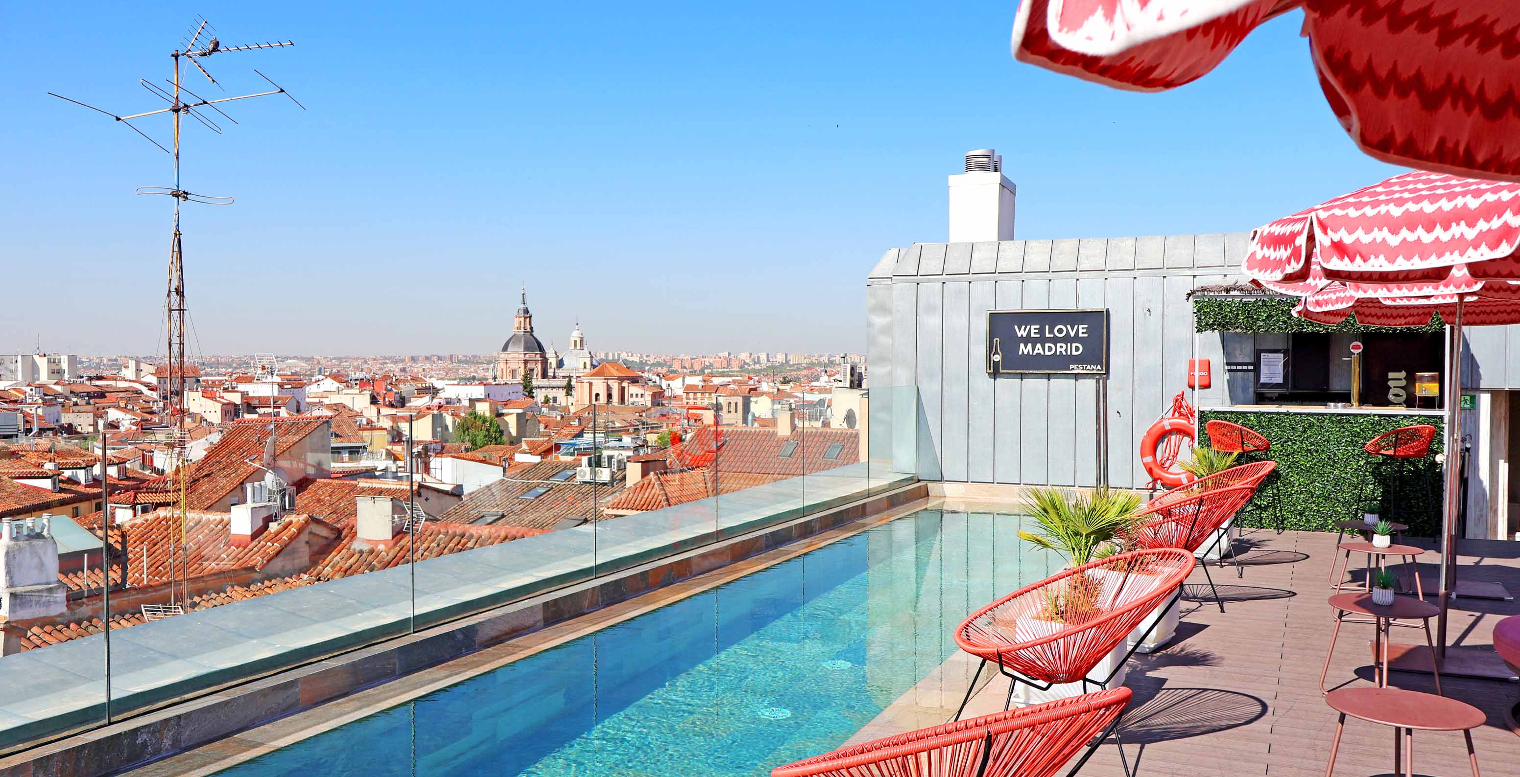 Outdoor pool on the rooftop of the hotel with pool at Plaza Mayor in Madrid, with panoramic views of the city