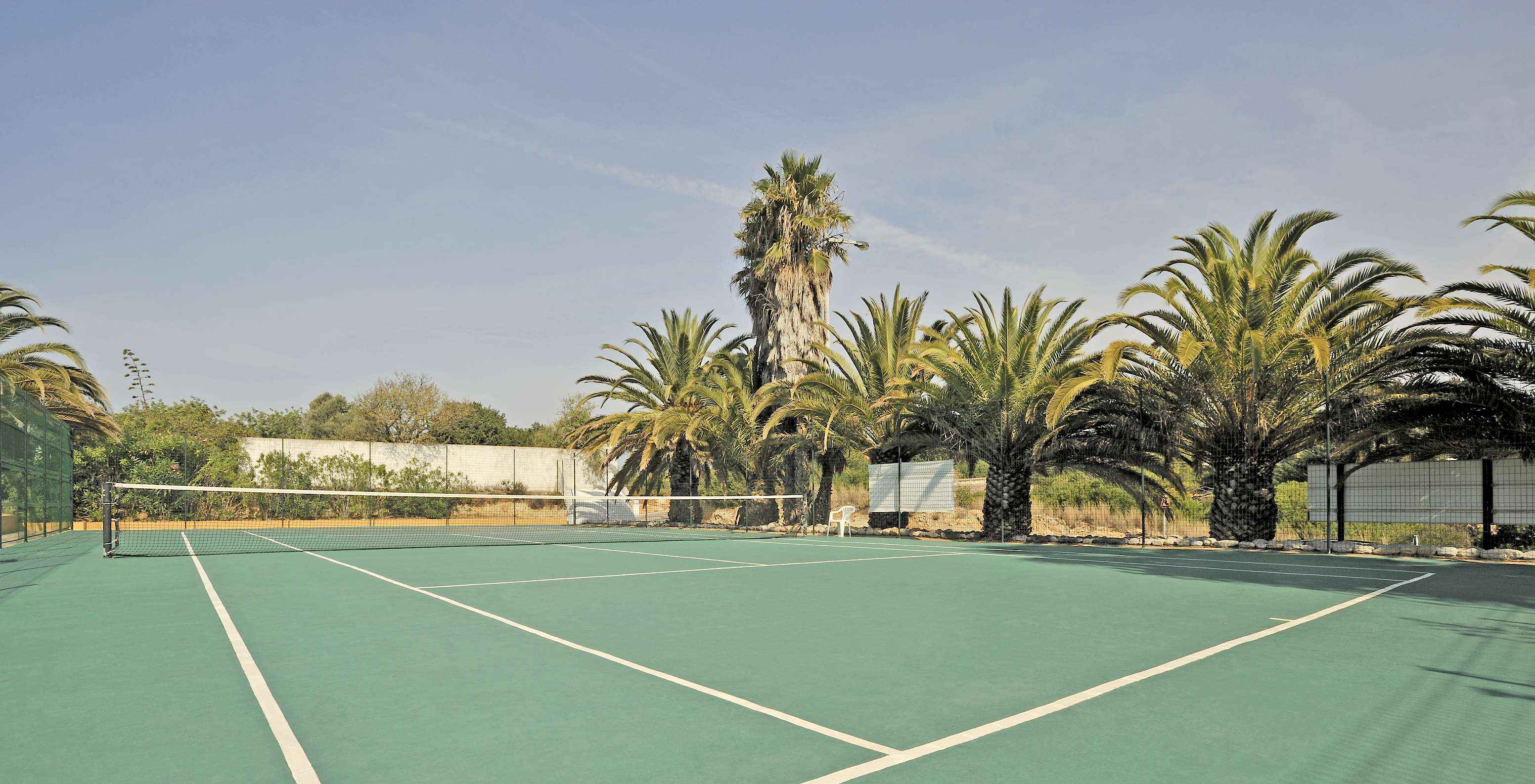 Harde tennisbaan bij Pestana Palm Gardens, omringd door palmbomen