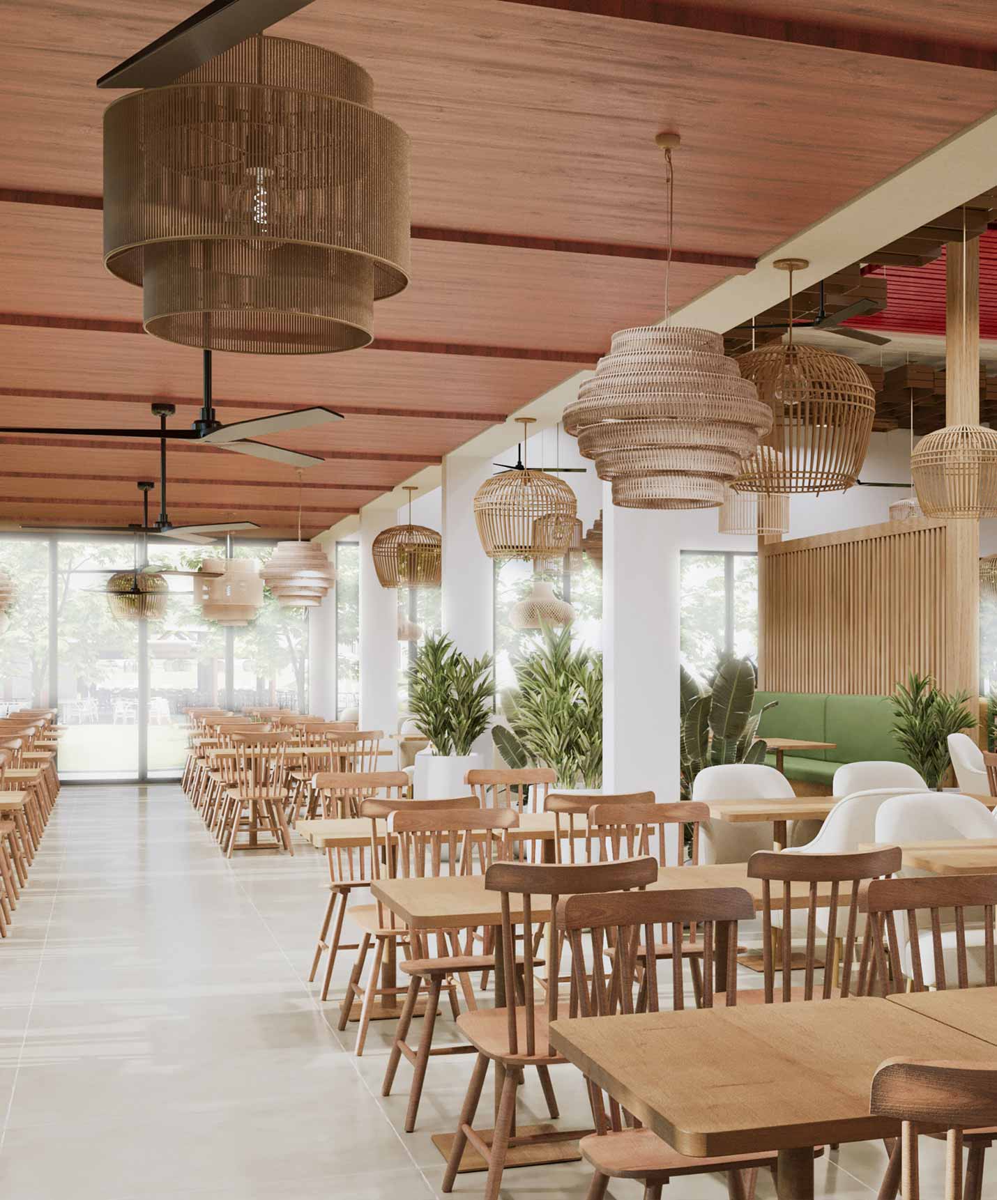 Restaurante buffet do Pestana Dunas Porto Santo, com mesas de madeira e luminárias de palha suspensas