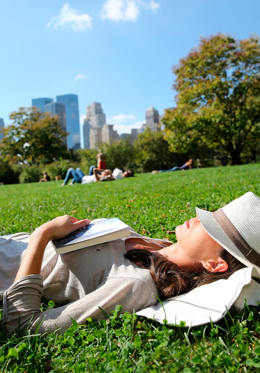 Panoramisch uitzicht op Central Park, met de skyline van Manhattan op de achtergrond, en mensen die op het gras liggen