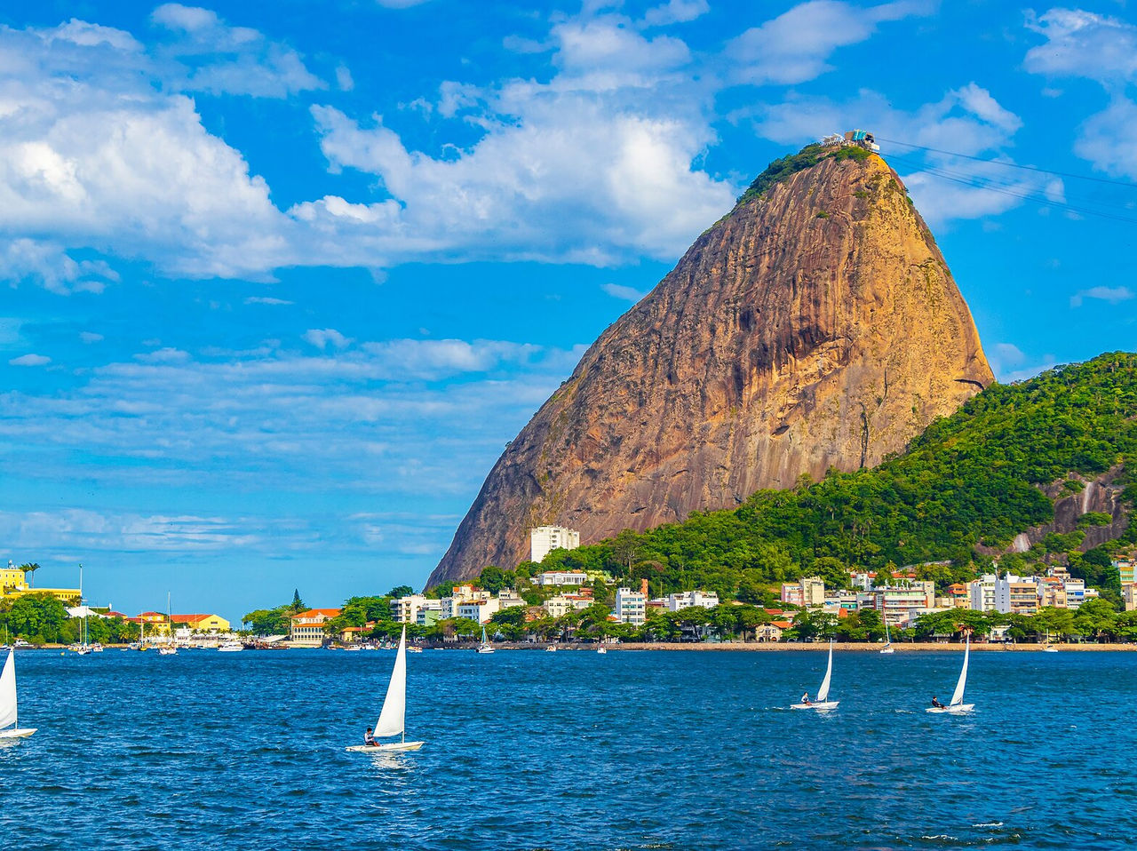 Stedelijk en natuurlijk landschap van de Suikerbroodberg en de Baai van Guanabara, met zeilboten die over het water glijden
