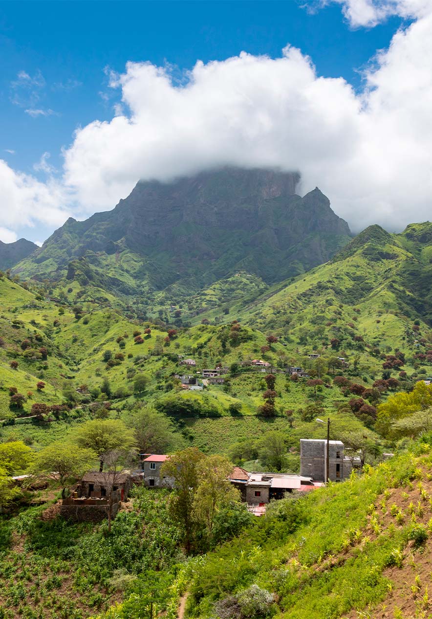 Malagueta Mountains in Cape Verde with its intense green vegetation and small scattered houses