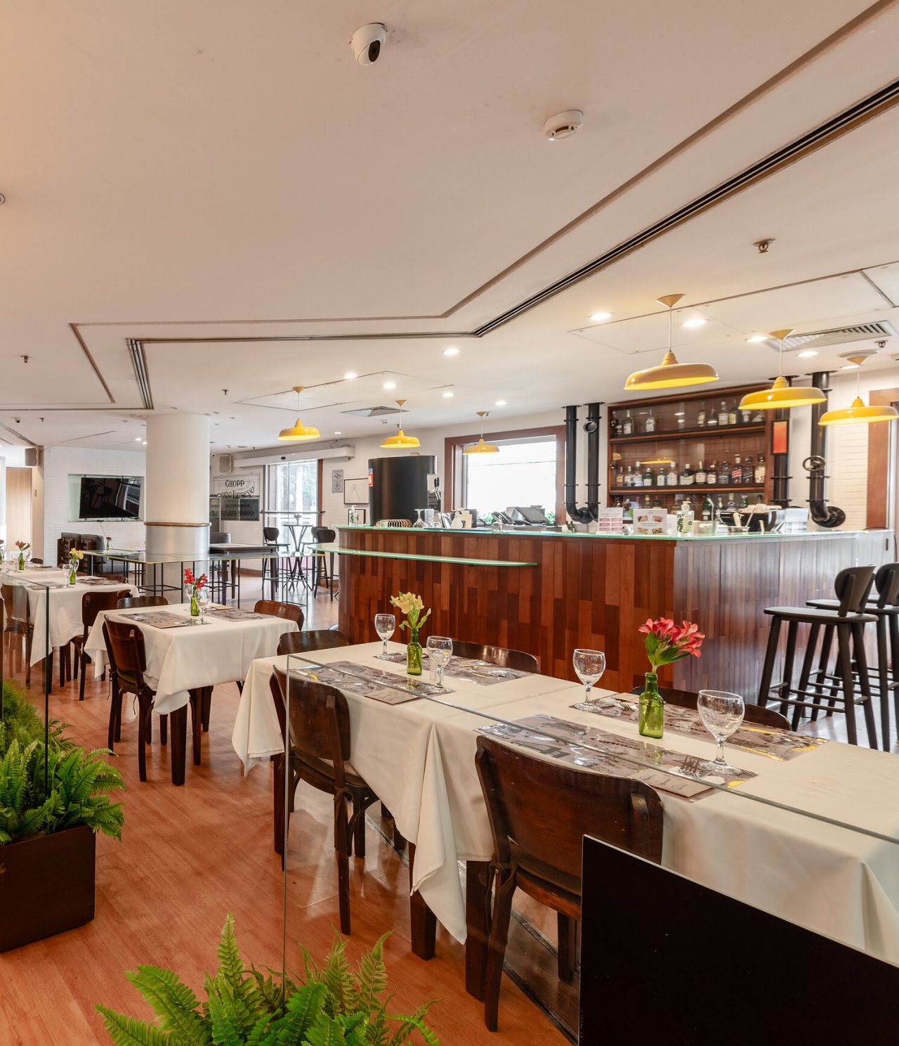 The Lobby Bar, at the Hotel in central São Paulo, includes a counter with chairs, where guests can order cocktails